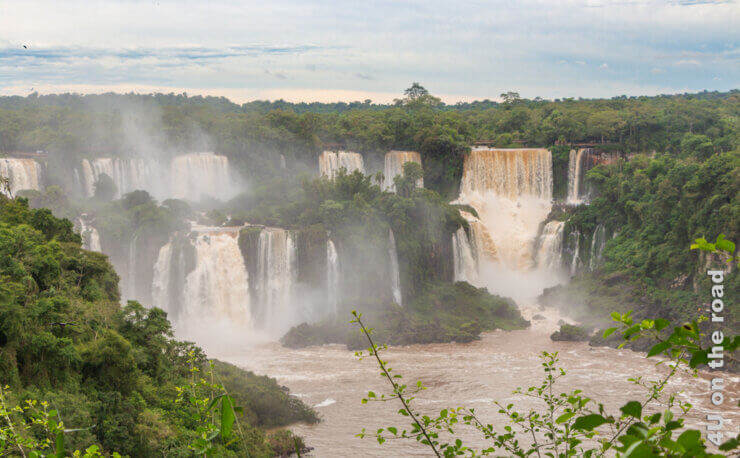 Blick auf mehrere grosse Wasserfälle von Iguazú, die aus dem Dschungel stürzen.